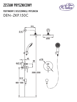 DEN-ZKP.150С Подштукатурный душевой комплект (тропический душ+ручной душ)  